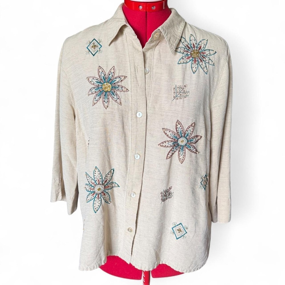 Alfred Dunner Vintage Beaded Silk Button Up Shirt Cream Floral 14P